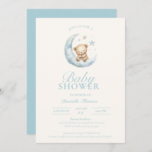 ブルースリーピーテディベアボーイベビーシャワー招待状 招待状 (正面/裏面)