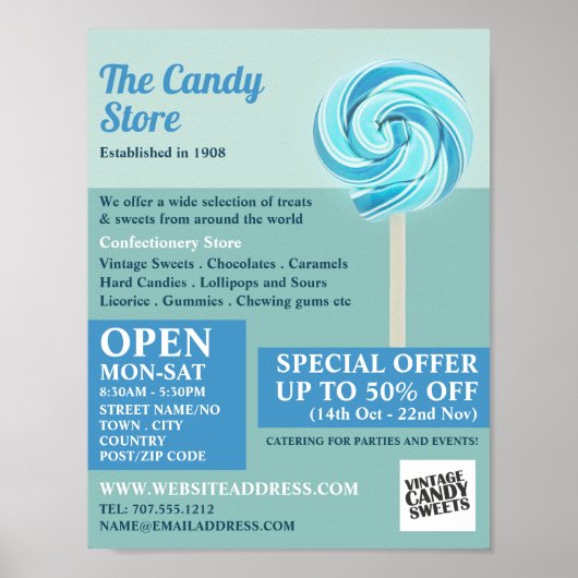 ブルースワール棒つきキャンデー、製菓供給の広告 ポスター (正面)