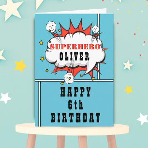 ブルースーパーヒーロー漫画スピーチバブルボーイ誕生日 カード