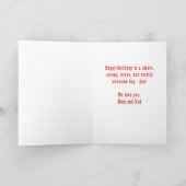 ブルースーパーヒーロー漫画スピーチバブルボーイ誕生日 カード (内部)