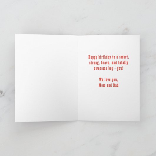 ブルースーパーヒーロー漫画スピーチバブルボーイ誕生日 カード (内部)