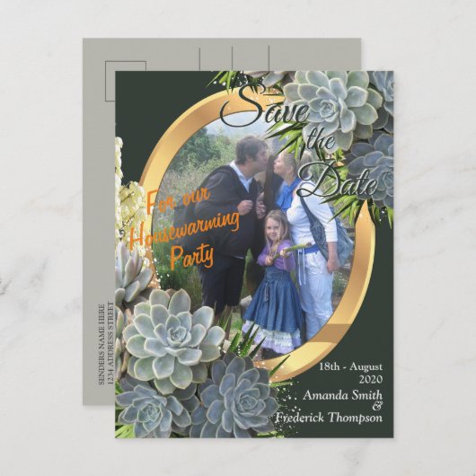 ブルース&グリーン淡い色の引っ越し祝いパーティーの多肉的なヒューズ 案内ポストカード (正面/裏面)