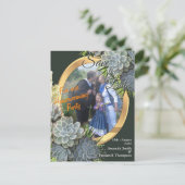 ブルース&グリーン淡い色の引っ越し祝いパーティーの多肉的なヒューズ 案内ポストカード (スタンド正面)