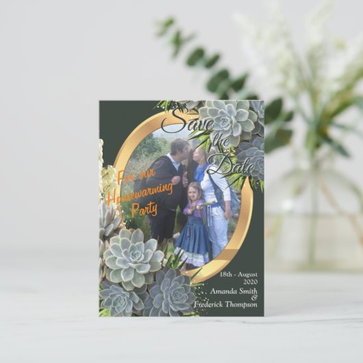 ブルース&グリーン淡い色の引っ越し祝いパーティーの多肉的なヒューズ 案内ポストカード (スタンド正面)