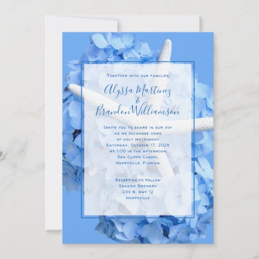 ブルーズを誘うシーサイドガーデン結婚カップル 招待状 (正面)