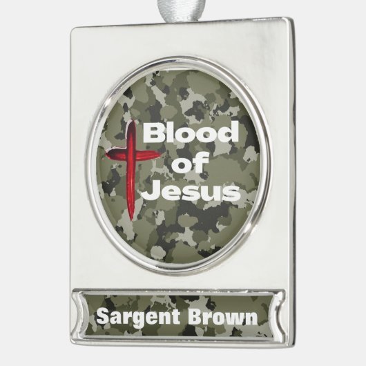 ブルーズオブイエズグリーン迷彩柄パーソナライズされた祈りの言葉 シルバープレートバナーオーナメント (左)