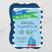 ブルーセイボートボーイ航海のベビーシャワー 招待状 (正面/裏面)