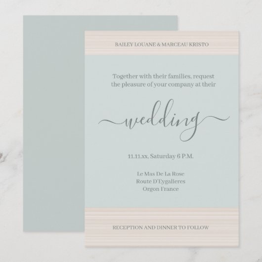 ブルーセエレガントージウッドグレインストライプズシック結婚ズ 招待状 (正面/裏面)