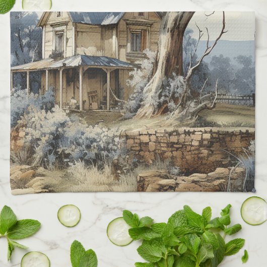 ブルーセピアブラウントワールファームハウスカントリーサイド キッチンタオル (折り畳み)