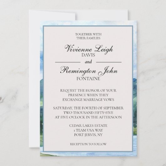 ブルーセフランスのレネウォーターカラーレイク結婚ズ 招待状 (正面)