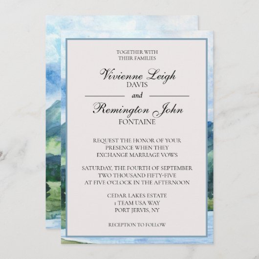 ブルーセフランスのレネウォーターカラーレイク結婚ズ 招待状 (正面/裏面)