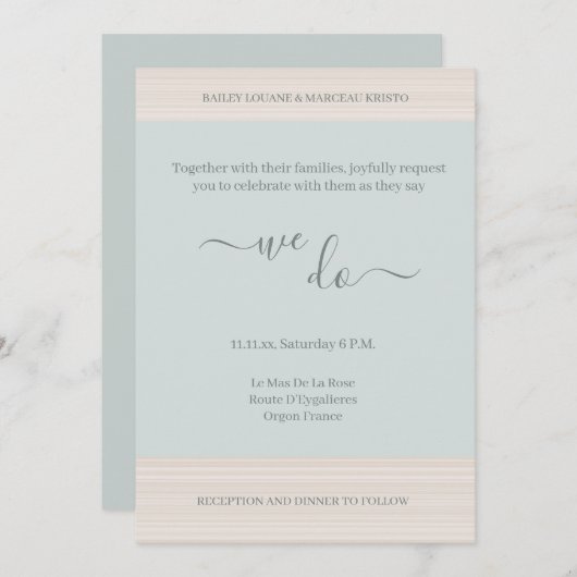 ブルーセージエレガント我々は木目の穀物ストライプの結婚の 招待状 (正面/裏面)