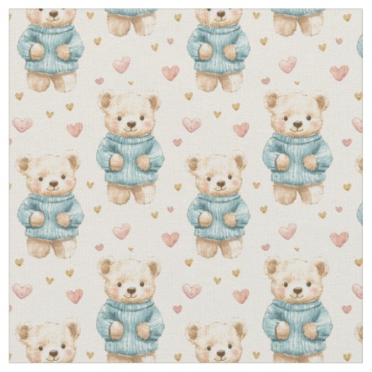 ブルーセーターでかわいいテディベア ファブリック (クローズアップ)
