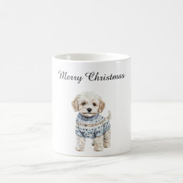 ブルーセータークリスマスに白い犬 コーヒーマグカップ