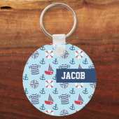 ブルーセーリングボートいかり航海のテーマパターン キーホルダー (正面)