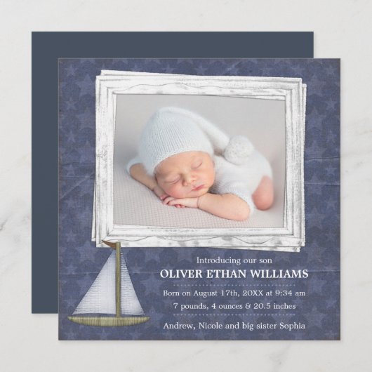 ブルーセーリングボートスターズボーイフォト誕生のお知らせ 案内状 (正面/裏面)