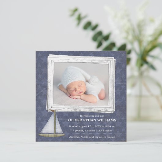 ブルーセーリングボートスターズボーイフォト誕生のお知らせ 案内状 (スタンド正面)