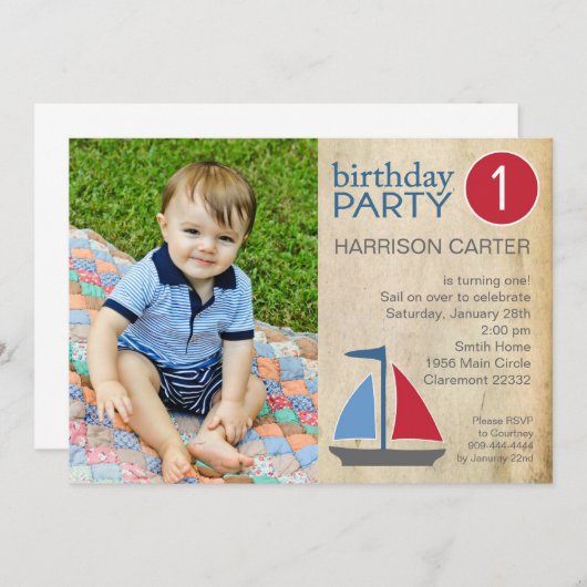 ブルーセ素朴イルボート誕生日招待状 招待状 (正面/裏面)