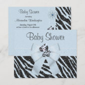 ブルーゼブラ、プリントリボン & グリッター ルック ベビーシャワー 招待状 (正面/裏面)