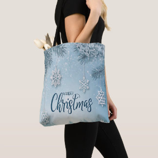 ブルーソフト&穏やかなクリスマスの雪の結晶デザイン トートバッグ