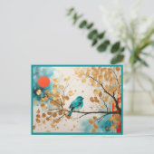 ブルーソンバードオンゴールデン葉シズツリーブランチ ポストカード (スタンド正面)