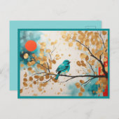 ブルーソンバードオンゴールデン葉シズツリーブランチ ポストカード (正面/裏面)