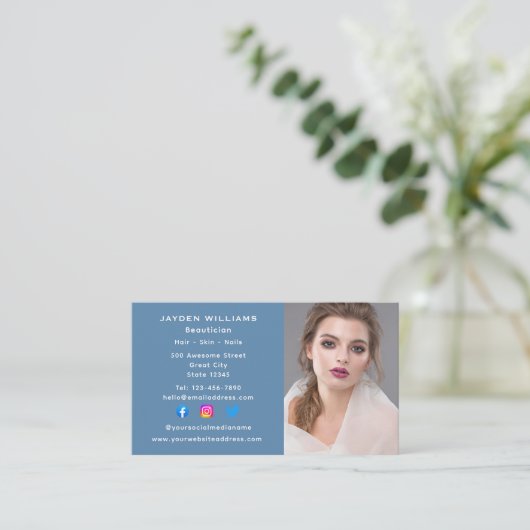 ブルーソーシャルメディア美容師美容師写真 名刺 (スタンド正面)