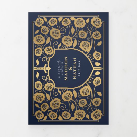 ブルーソードシールド中世ファンタジー結婚の写真 三つ折り招待状 (カバー)