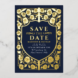 ブルーソードシールド中世モノグラム日付保存 箔招待状