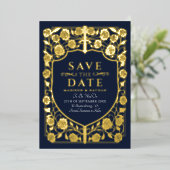 ブルーソードシールド中世モノグラム日付保存 箔招待状 (立ち正面)