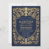 ブルーソードシールド中世モノグラム結婚ズ 招待状 (正面)