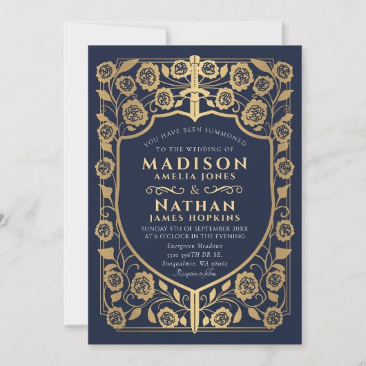 ブルーソードシールド中世モノグラム結婚ズ 招待状 (正面)
