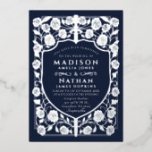 ブルーソードシールド中世モノグラム結婚ズ 箔招待状 (正面)