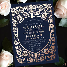 ブルーソードシールド中世モノグラム結婚ズ 箔招待状