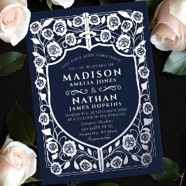 ブルーソードシールド中世モノグラム結婚ズ 箔招待状