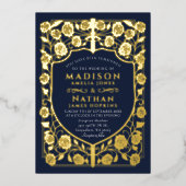 ブルーソードシールド中世モノグラム結婚ズ 箔招待状 (正面)