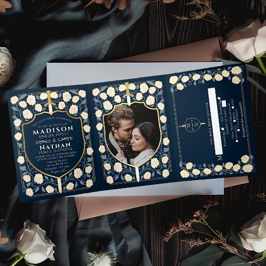 ブルーソード&シールド中世ファンタジー結婚ズ 三つ折り招待状