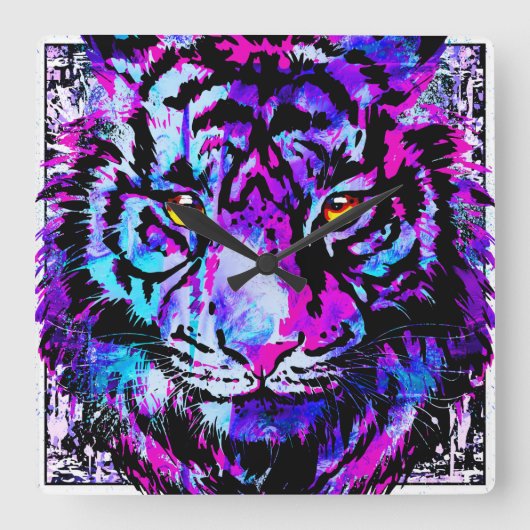 ブルータイガー時計カラフル – タイガーヘッドの壁時計 スクエア壁時計 (正面)
