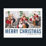 ブルータイポグラフィメリークリスマスフォトコラージュ ポストカード<br><div class="desc">メリークリスマス!青と黒のタイポグラフィを備えたカスタマイズ可能なクリスマスフォトシンプルコラージュ葉書。3つの写真、名前、年、その他の詳細を追加してパーソナライズ。このモダンクリスマスハガキは他の色やカードストックで入手できる。</div>