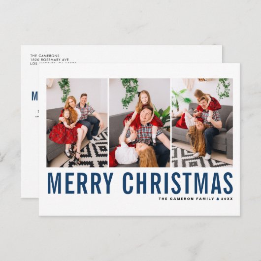 ブルータイポグラフィメリークリスマスフォトコラージュ ポストカード (正面/裏面)