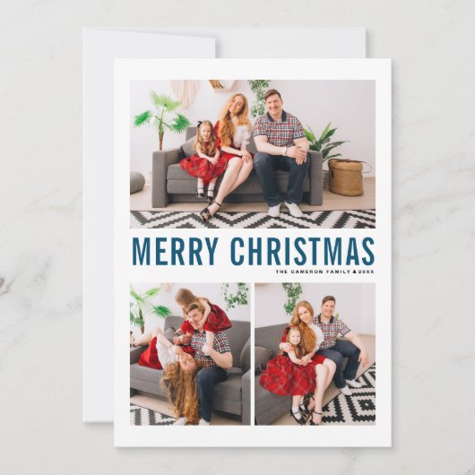 ブルータイポグラフィメリークリスマス3枚の写真 シーズンカード (正面)
