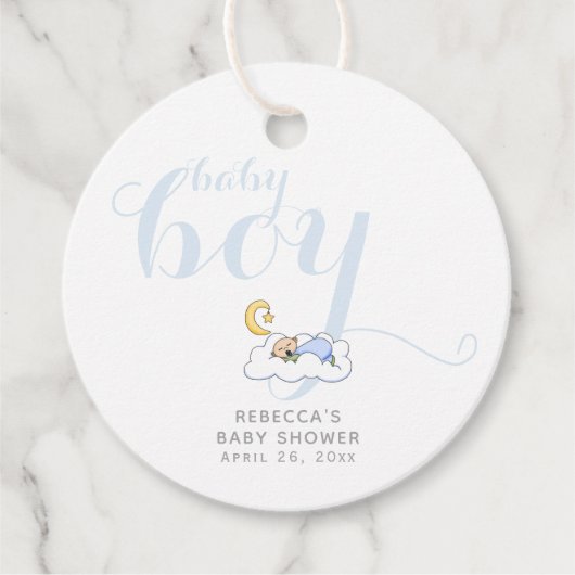 ブルータイポグラフィ眠る男の子ありがとう赤ちゃんシャワー フェイバータグ (正面)