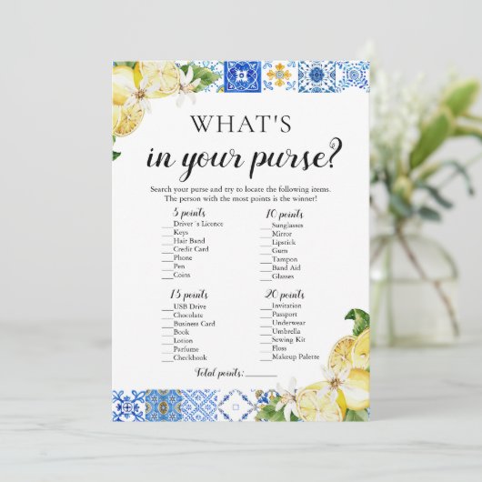 ブルータイルあなたの財布のブライダルシャワーゲームの中にあるものを 招待状 (スタンド正面)