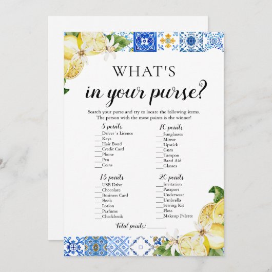ブルータイルあなたの財布のブライダルシャワーゲームの中にあるものを 招待状 (正面/裏面)