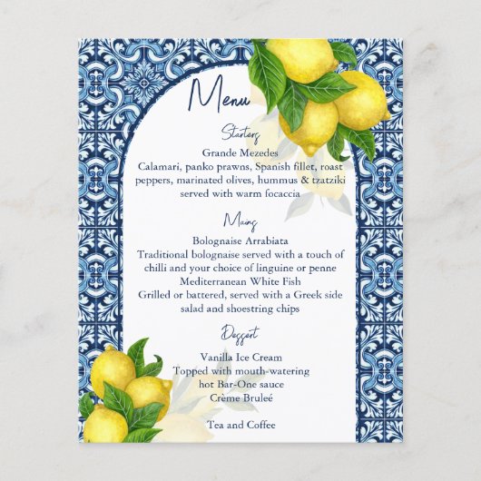 ブルータイルとレモンアマルフィポジターノをテーマにしたメニュー (正面)