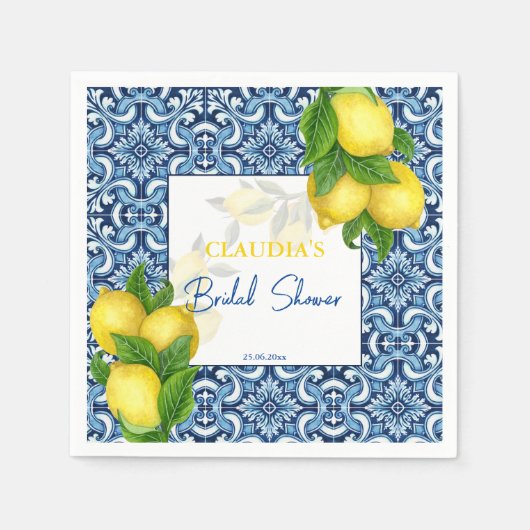 ブルータイルとレモン アマルフィ ブライダルシャワー オーダーメイド スタンダードカクテルナプキン (正面)