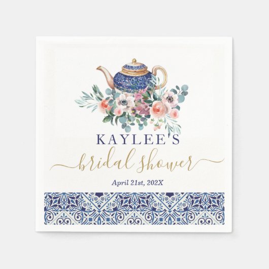 ブルータイルのブライダルシャワーティーデコ スタンダードカクテルナプキン (正面)