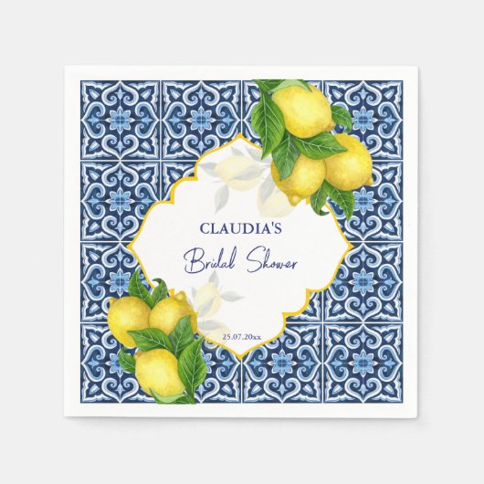 ブルータイルのレモン アマルフィ ブライダルシャワー パーティー オーダーメイド スタンダードカクテルナプキン (正面)