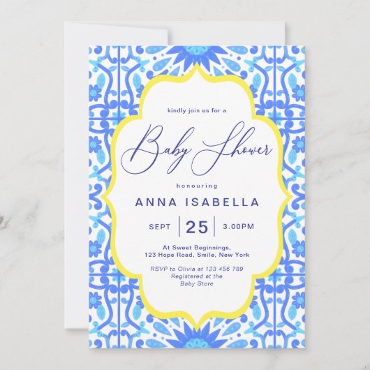 ブルータイルイタリアンイエローフレーム赤ちゃんシャワー 招待状 (正面)