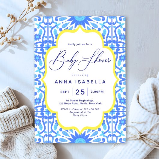 ブルータイルイタリアンイエローフレーム赤ちゃんシャワー 招待状